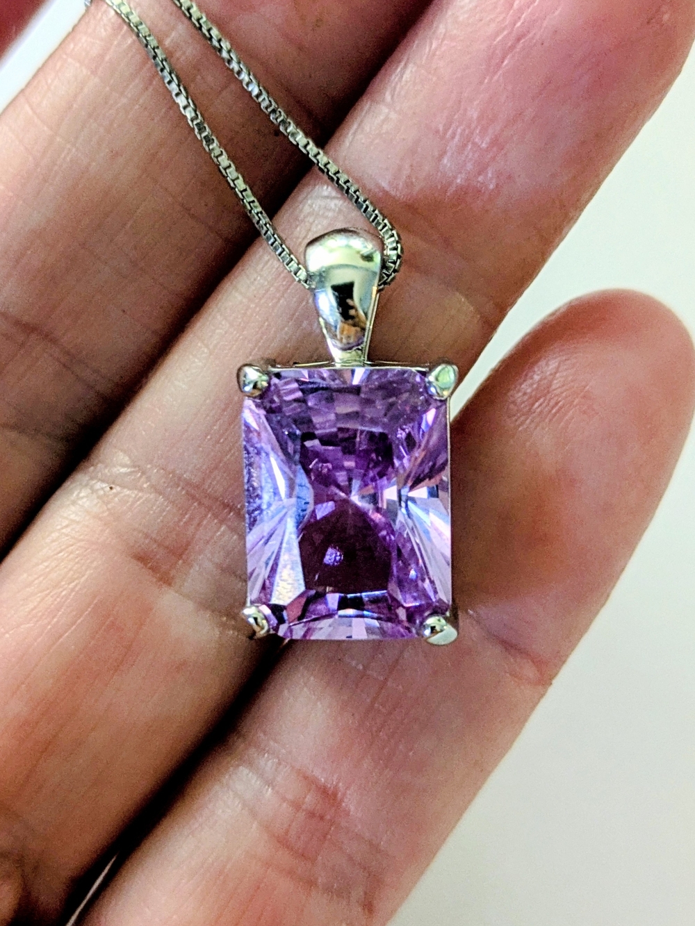 Sterling Silver 16x12 mm Emerald Cut Amethyst Gemstone Pendant Chain Necklace